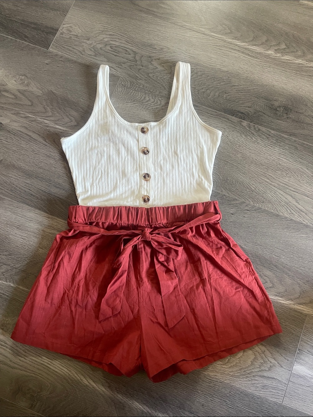 White Ribbed Button Tank with Red Tie-Waist Shorts
